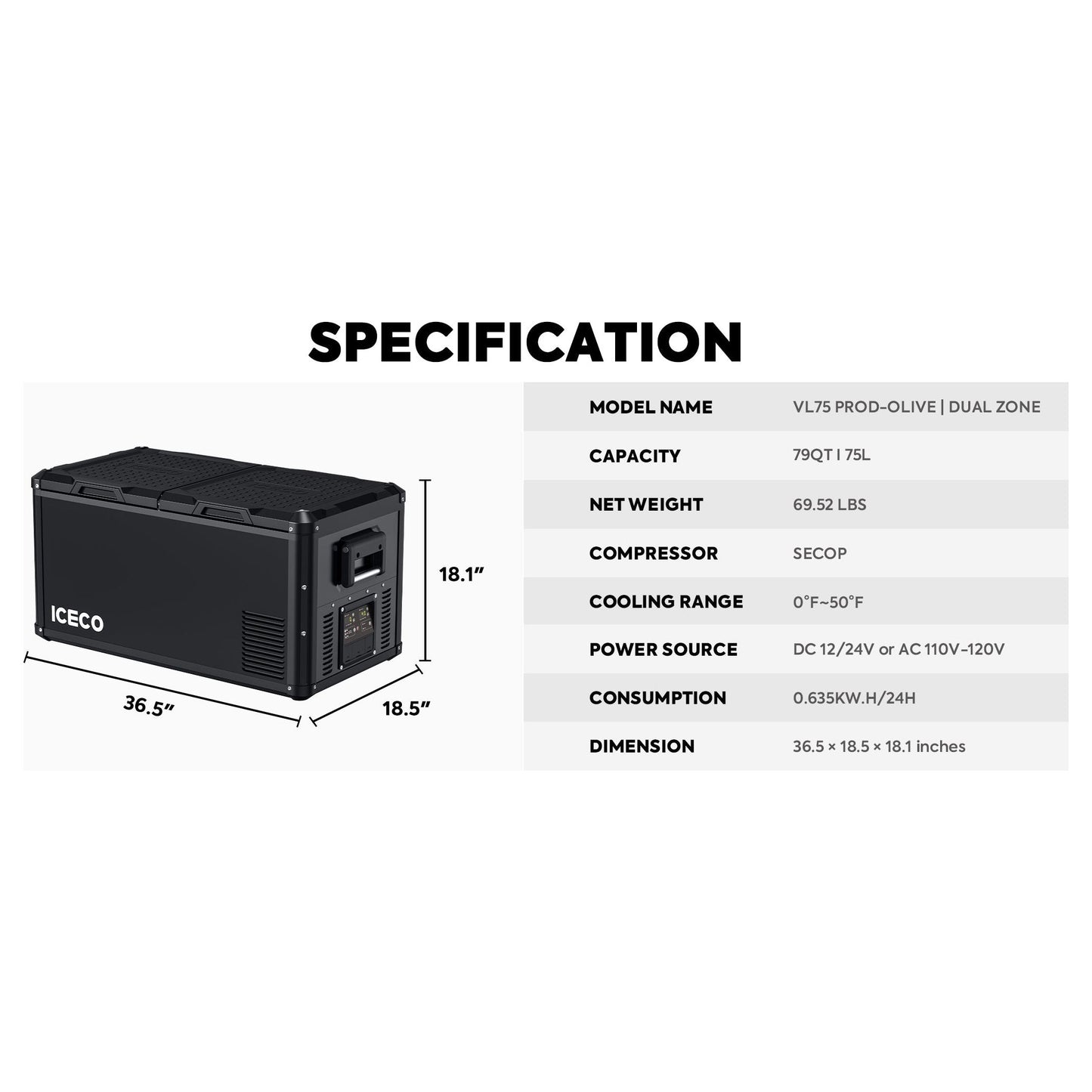 VL75ProD 12V Heavy Duty Freezer | ICECO | 75 LT