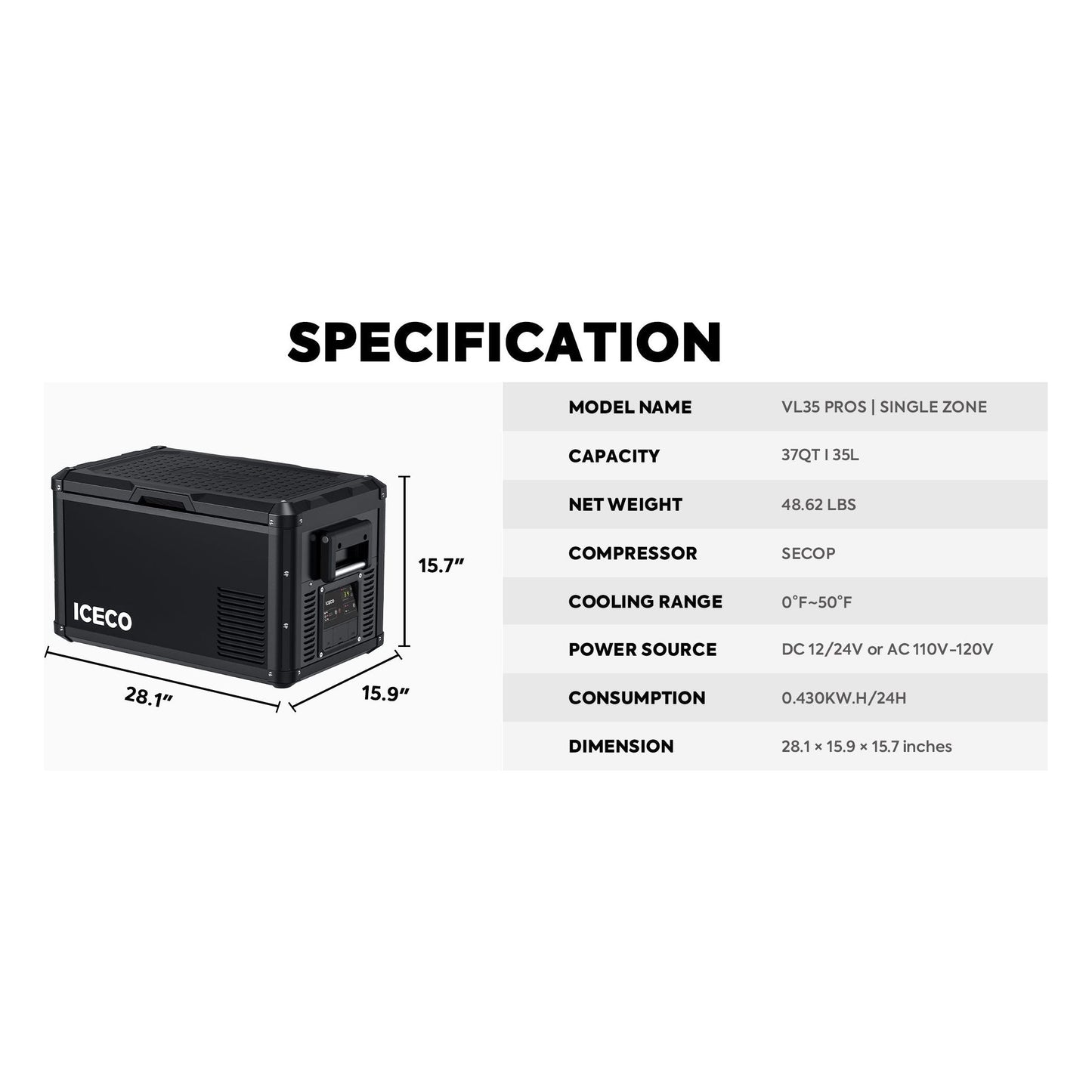 VL35ProS Single Zone Portable Freezer | ICECO | 35 LT
