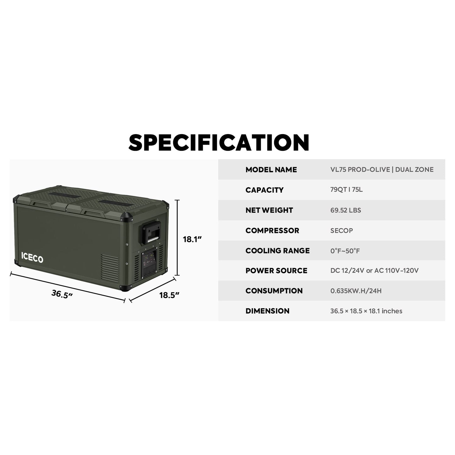 VL75ProD Olive Heavy Duty Freezer | ICECO | 75 LT