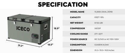 VL60 Dual Zone Metal Freezer with Cover | ICECO | 60LT