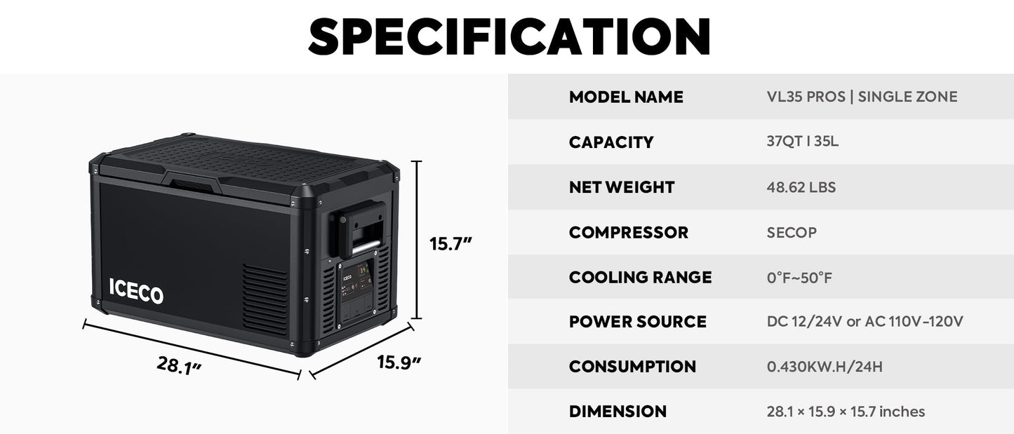 VL35ProS Single Zone Portable Freezer | ICECO | 35 LT